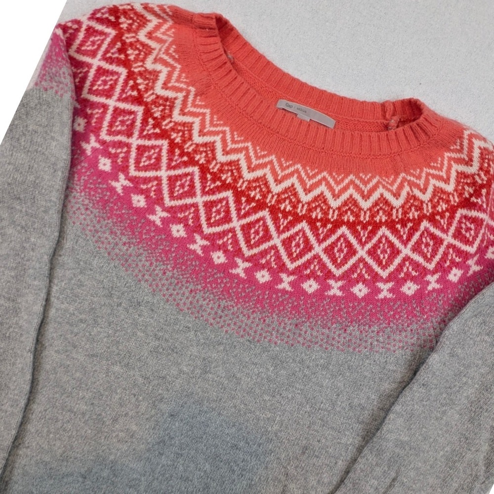 Gap Womens Gray Pink Fair Isle Angora Blend Knit Pullover Sweater Size Medium